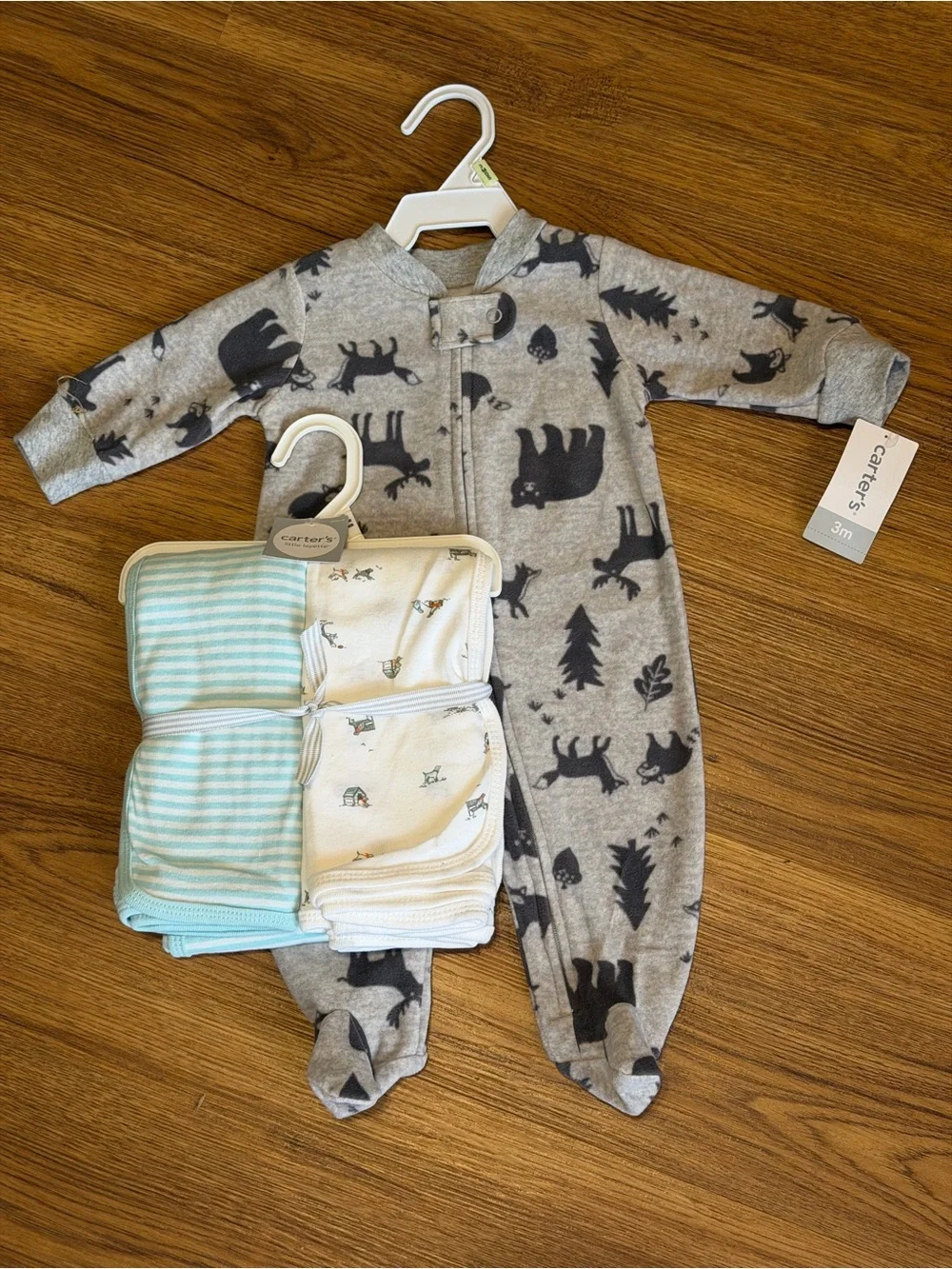 Carter's Lot of 2 Blanket Grey Forest Animal Footed Pajama 3M
